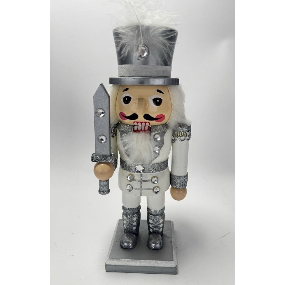 Pier 1 Imports White & Silver Nutcracker Soldier Figurine 10" Holiday Decor - Picture 1 of 8